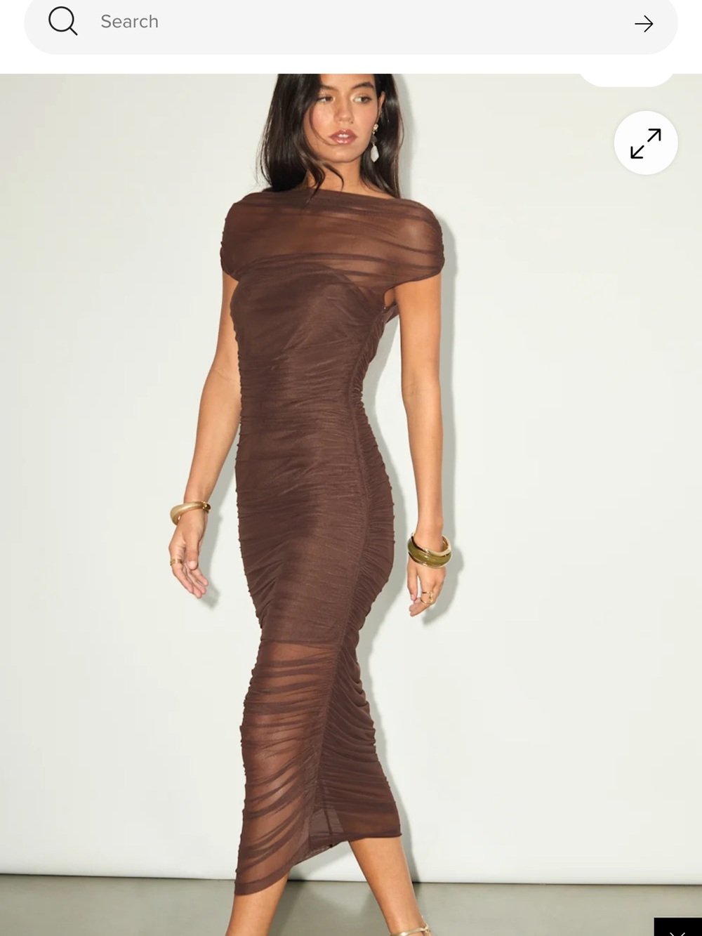 Lulu's Brown Sheer Ruched Off-Shoulder Midi Dress
